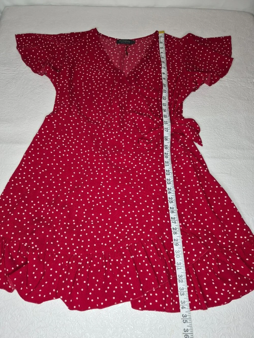 Relipop Womens XL Red White Polka Dot Ruffle Flutter Short Sleeve Wrap Dress - Picture 12 of 15